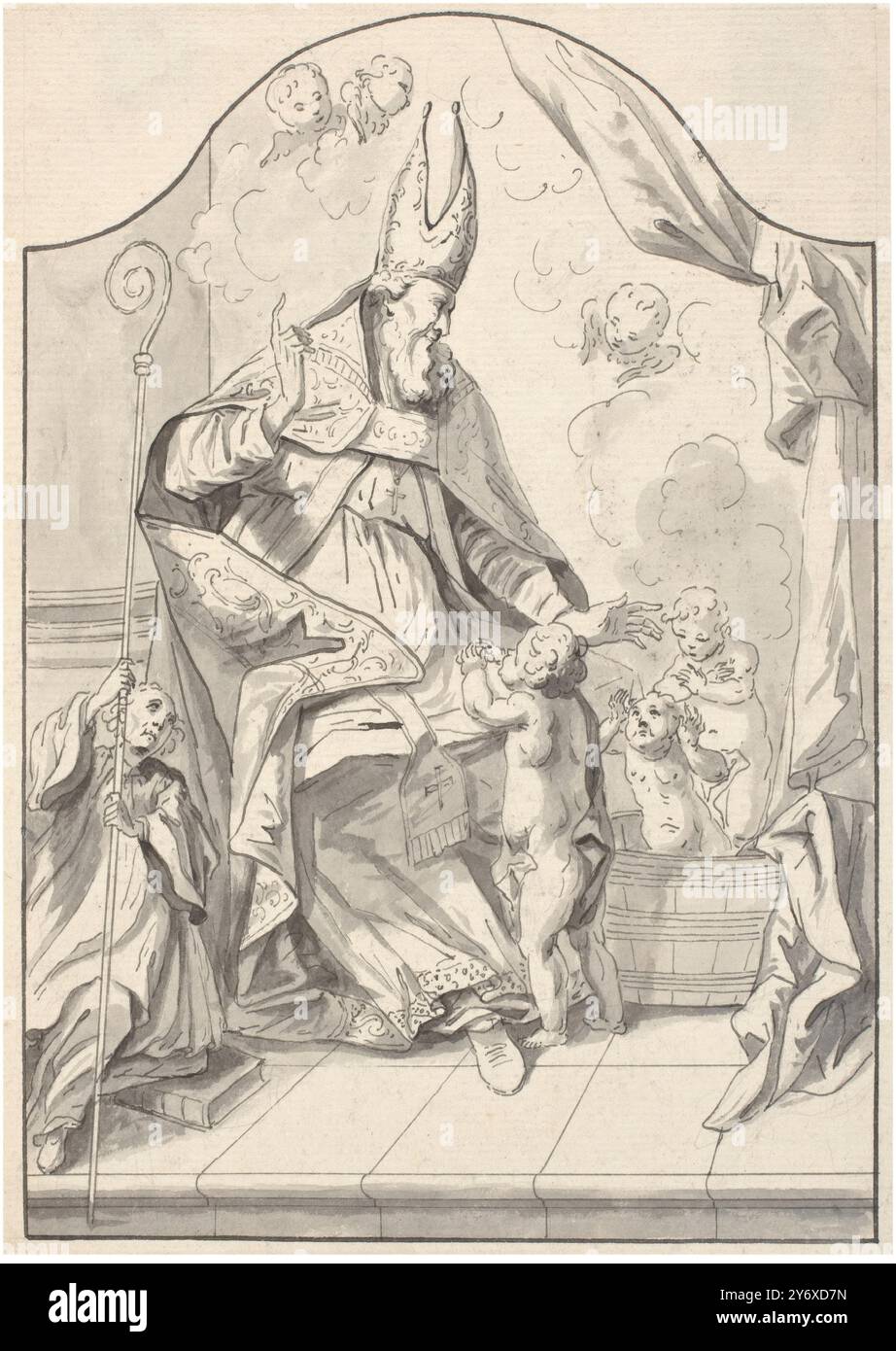 Anonyme / 'Saint Nicolas'. XVIII siècle. Lavage gris-brun, crayon sur papier vergé. Musée : Museo del Prado, Madrid, España. Banque D'Images