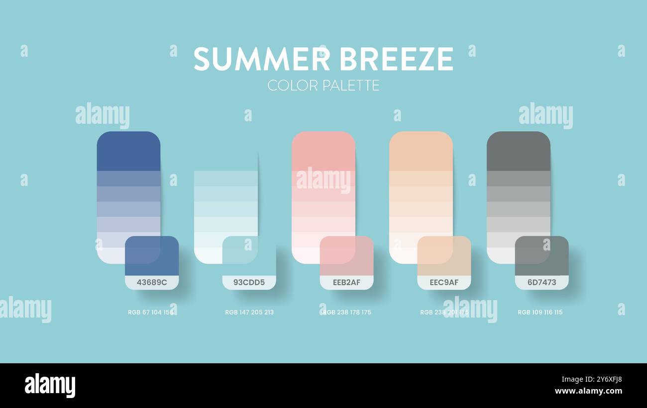 Guide de palette de couleurs dans les collections Summer Breeze. Inspiration de couleur ou graphique avec modèle de codes. Combinaison de couleurs RVB. Nuances de couleurs Illustration de Vecteur