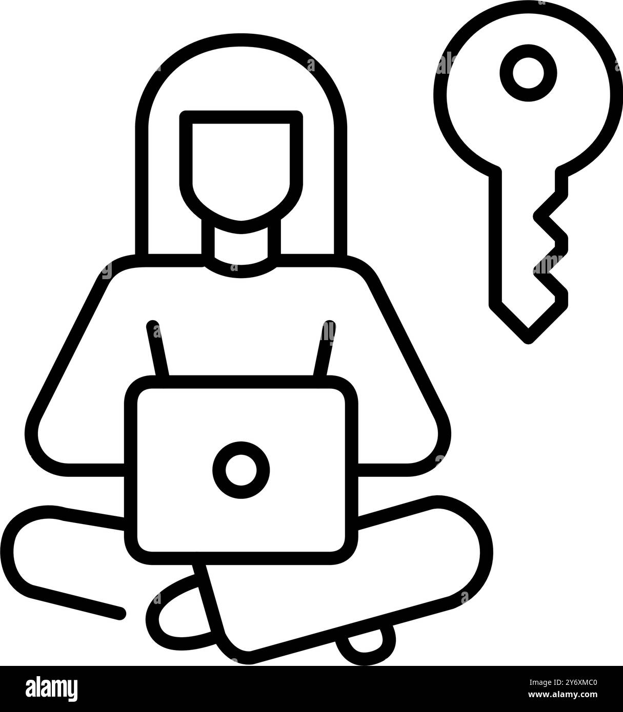 Femme travaillant à l'ordinateur portable et à la clé. Cybersécurité, accès sécurisé aux ressources numériques et présence en ligne protégée. Pixel Perfect, contour modifiable vecto Illustration de Vecteur