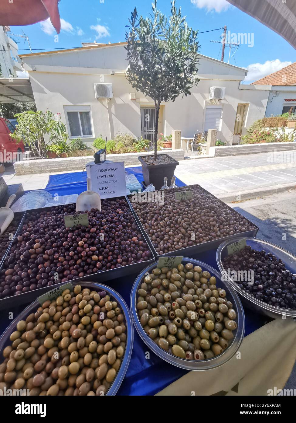 Chania, Grèce. 12 septembre 2024. Différents types d'olives sont exposés à un étal dans un marché du quartier de Nea Chora. Crédit : Alexandra Schuler/dpa/Alamy Live News Banque D'Images