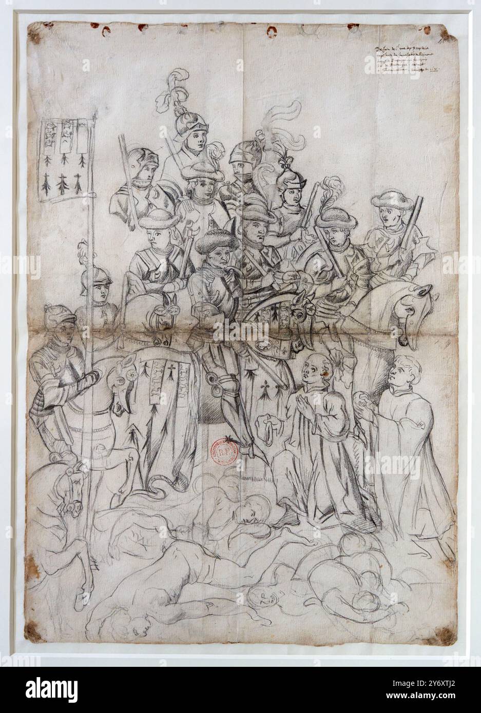 D'après Jean Fouquet, le connétable de Richemont faisant enterrer les morts, relevé d'après la tapisserie de la bataille de Formigny, France, 1621, Pi Banque D'Images