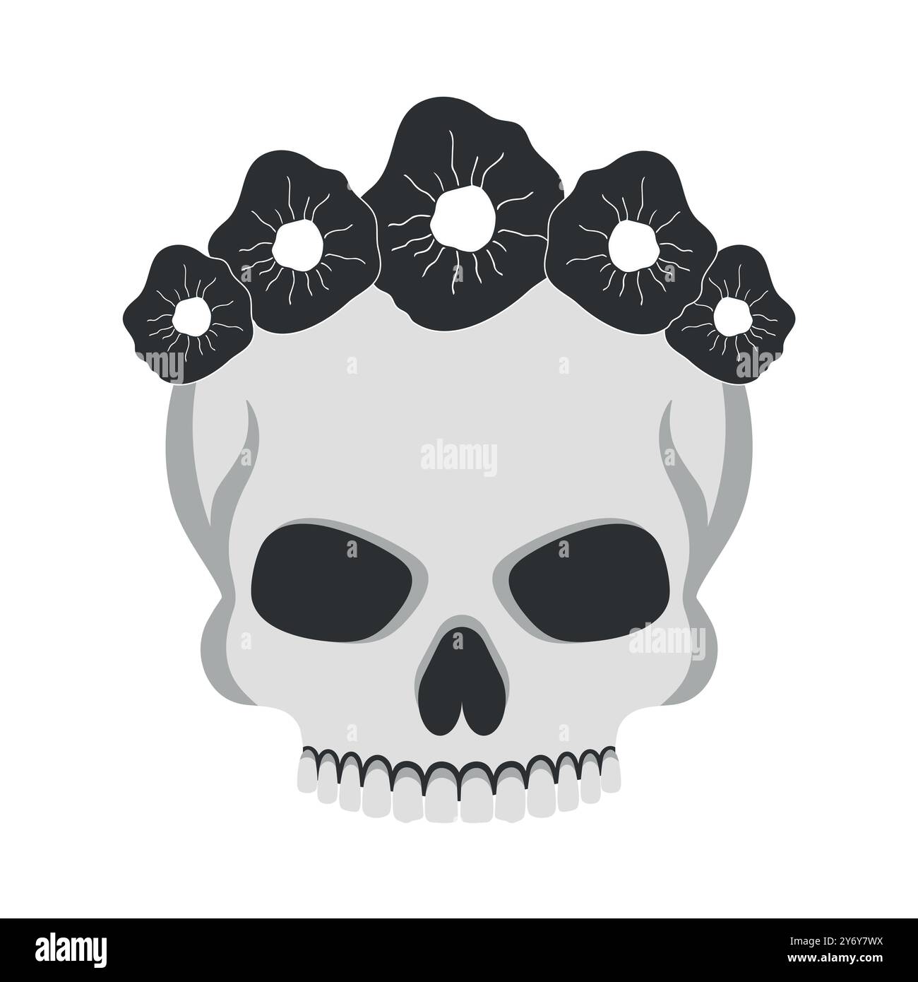 Crâne humain sans mâchoire inférieure en couronne de fleurs sur fond blanc. Logo de l'emblème de l'icône de crâne. Illustration vectorielle Illustration de Vecteur