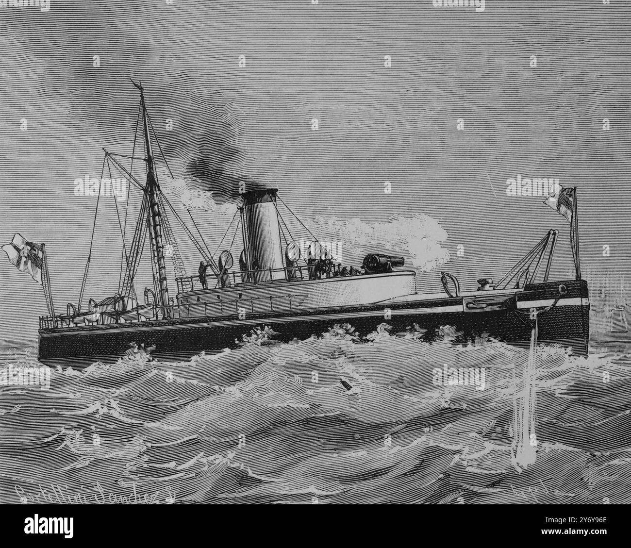 Nouvelles canonnières des garde-côtes en service dans la marine impériale allemande. Ce sont quatre, nommés : 'SMS Viper' (1876), 'SMS Wespe' (1876), 'SMS Scorpion' (1877) et 'SMS Mücke' (1877)', exactement les mêmes dans leurs dimensions et caractéristiques. Dessin de Cortellini Sánchez. Gravure par Capuz. La Ilustración Española y Americana (illustration espagnole et américaine), 22 janvier 1884. Banque D'Images