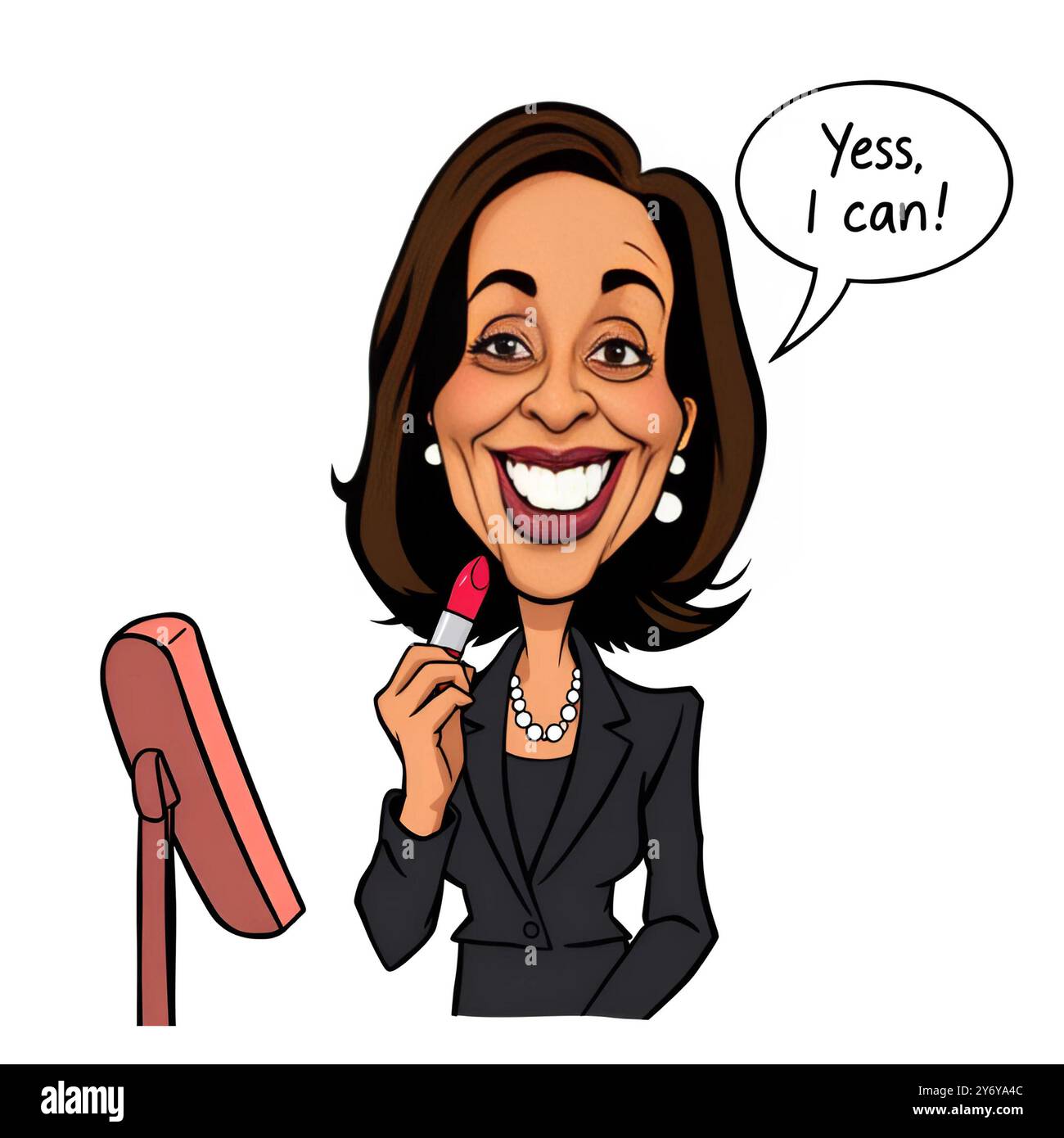 Une caricature de Kamala Harris appliquant du rouge à lèvres, disant : «Oui! I Caïn!' Il montre de manière ludique sa confiance en elle et donne une touche amusante à 'Yes! Nous Can.' Banque D'Images