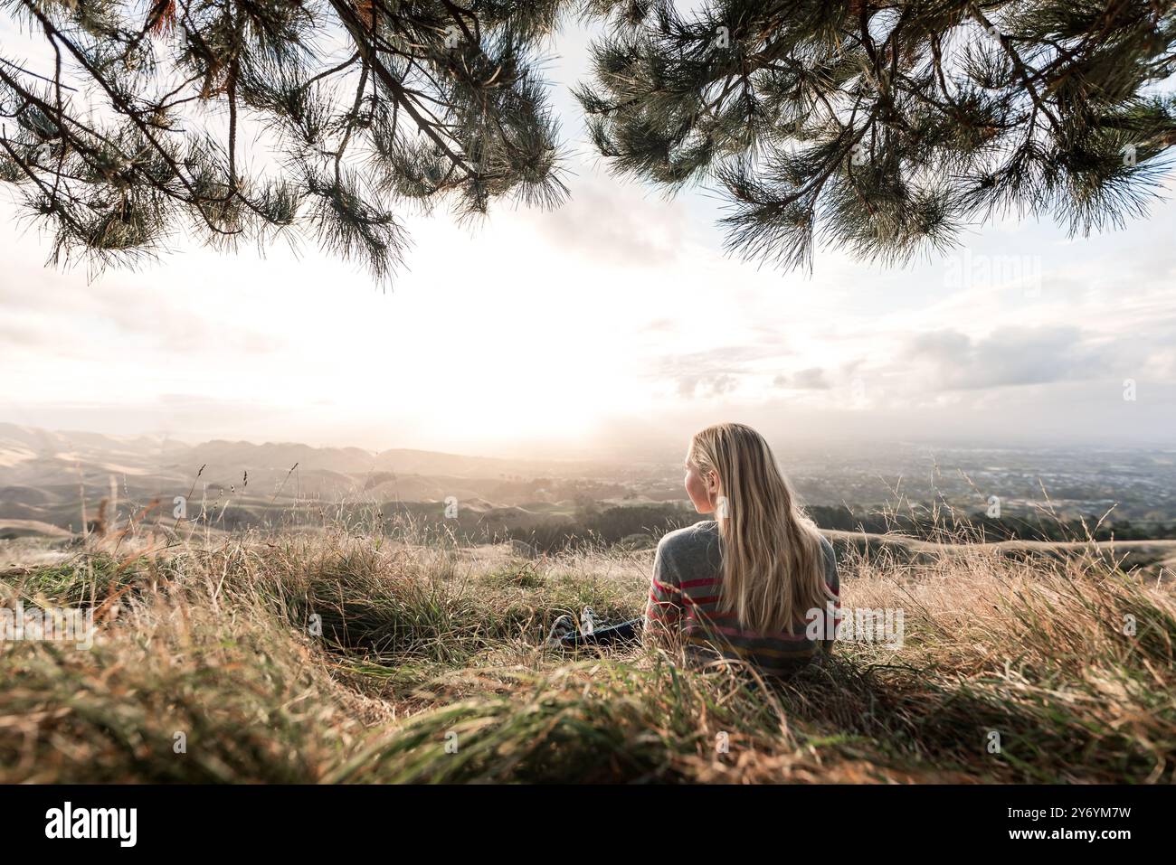 Adolescent assis sous l'arbre regardant le coucher du soleil Banque D'Images