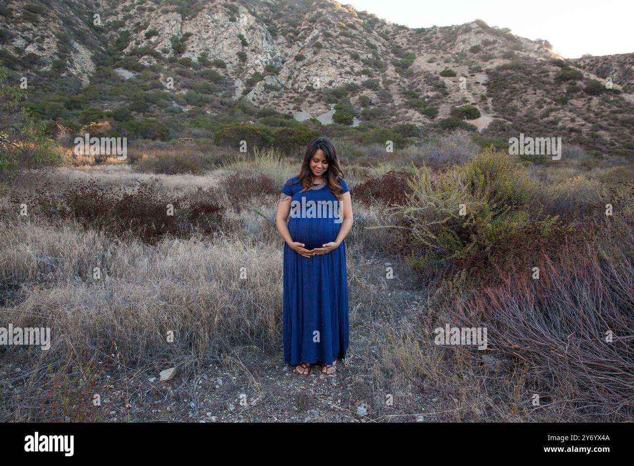 Femme enceinte dans une robe bleue debout dans un paysage montagneux Banque D'Images