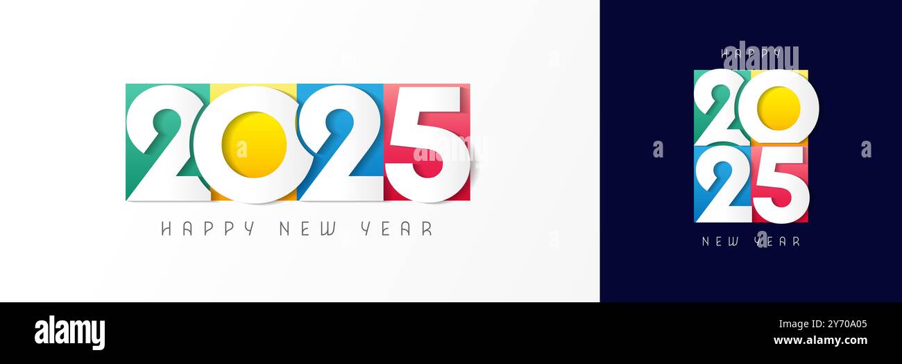 Bonne année 2025, design de logo coloré avec des numéros tronqués. Conception vectorielle premium horizontale et verticale 2025 Illustration de Vecteur