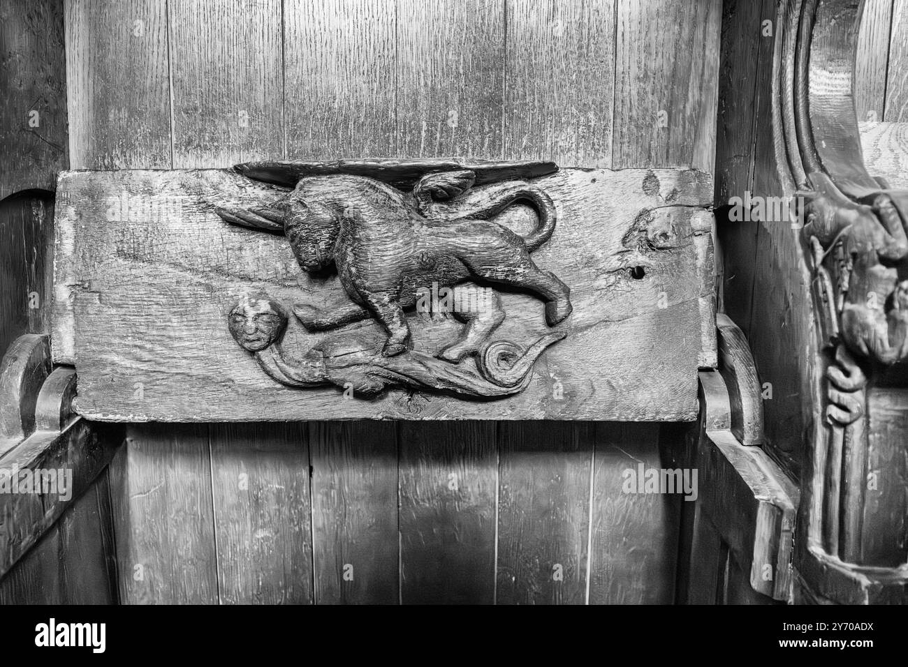 Miséricord dans la chapelle Tunstall, château de Durham, représentant peut-être une sirène et une licorne. Durham, Angleterre, Royaume-Uni. Banque D'Images Miséricord dans la chapelle Tunstall, château de Durham, représentant peut-être une sirène et une licorne. Durham, Angleterre, Royaume-Uni. Banque D'Images