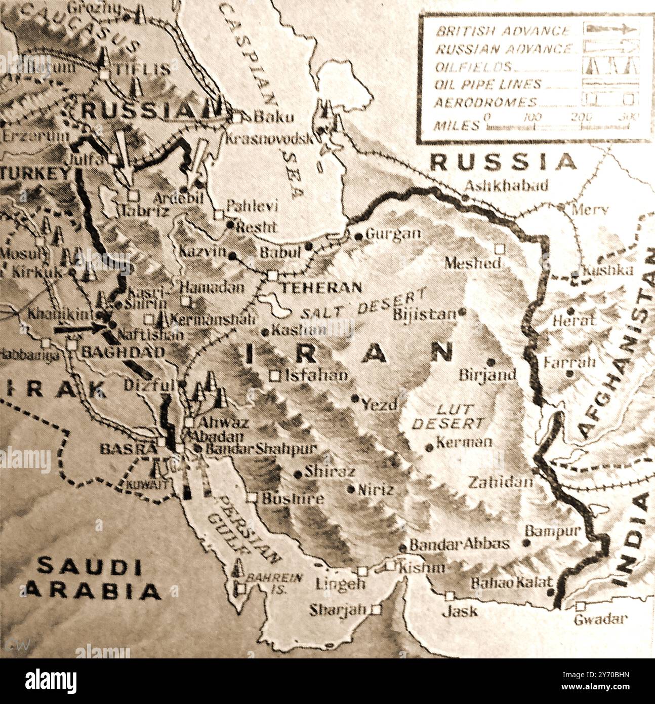Une carte de la seconde Guerre mondiale montrant l'Iran et les pays voisins - Eine Karte aus dem Zweiten Weltkrieg, die den Iran und Seine Nachbarländer zeigt - Карта Второй мировой войны, на которой изображены Иран и соседние страны. - Banque D'Images