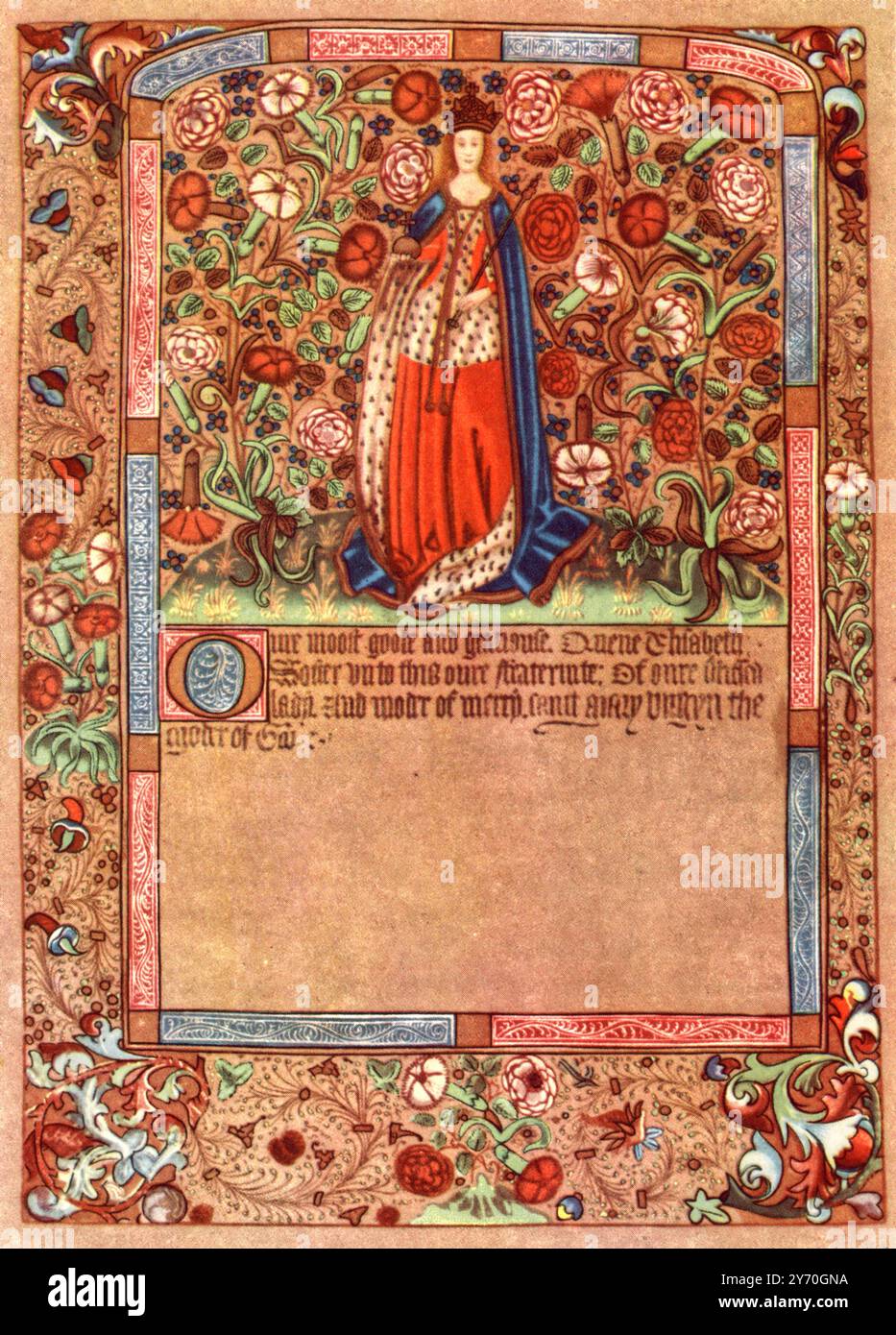 Elizabeth Woodville (c1437-1492), c1441-1689. Elizabeth dans ses robes de couronnement. Élisabeth fut reine d'Angleterre du 1er mai 1464 au 3 octobre 1470 et du 11 avril 1471 au 9 avril 1483, en tant qu'épouse du roi Édouard IV (1442-1483). Extrait de la Worshipful Company of Skinners’ Fraternity of Our Lady’s Assomption Book c1441-1689. Banque D'Images