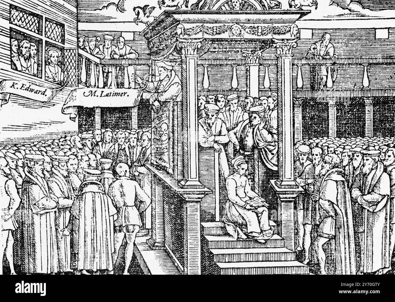Hugh Latimer prêchant devant Édouard VI, 1570. Hugh Latimer (c1487-1555), était l'évêque de Worcester avant la réforme et plus tard aumônier de l'Église d'Angleterre du roi Édouard VI (1537-1553). Extrait du livre des martyrs ou des actes et monuments de John Foxe, 1570. Banque D'Images