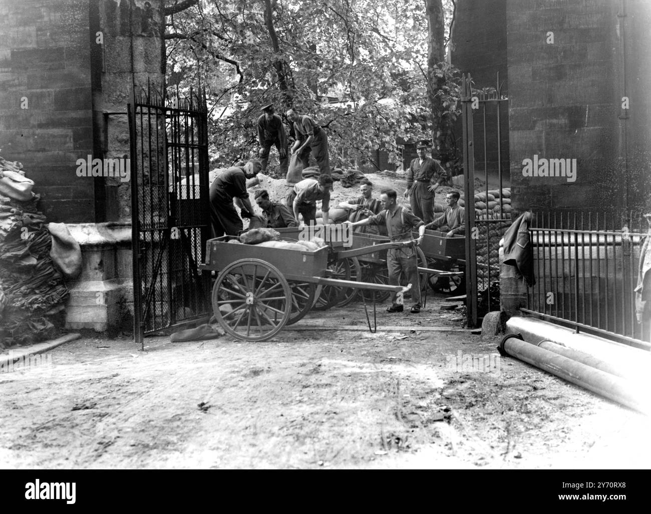 Les travaux ont commencé sur l'enlèvement de 80 000 sacs de sable qui protégeaient les monuments précieux de l'abbaye de Westminster , Londres , Angleterre , et on espère que dans un an l'abbaye sera restaurée à son ancienne gloire . Les dégâts des raids aériens sont estimés à £135 000 mais des précautions efficaces contre l'action ennemie ont sauvé chaque caractéristique d'intérêt historique. Le vitrail le plus ancien a été enlevé au début de la guerre , et le reste n'a pas été très endommagé . Cinq des maisons de l'abbaye ont été détruites ou gravement endommagées ; ils comprennent la maison du doyen , les cloîtres et les petits cloîtres , et les bâtiments de W. Banque D'Images