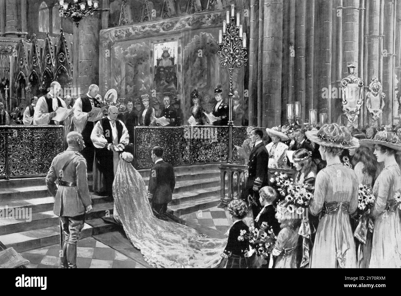 Le mariage de la princesse Patricia et du commandant Alexander Ramsay 27 février 1919 : au milieu de ' illustres souvenirs de l'église la plus historique de la chrétienté '. Le service du mariage à l'abbaye de Westminster a été effectué par l'archevêque de Cantorbéry , le très révérend Randall Davidson , assisté par le doyen de Westminster , le révérend droit Ryle (vu derrière l'archevêque à gauche) et le sous-doyen des chapelles royales , chanoine Edgar Sheppard . 8 mars 1919 Banque D'Images