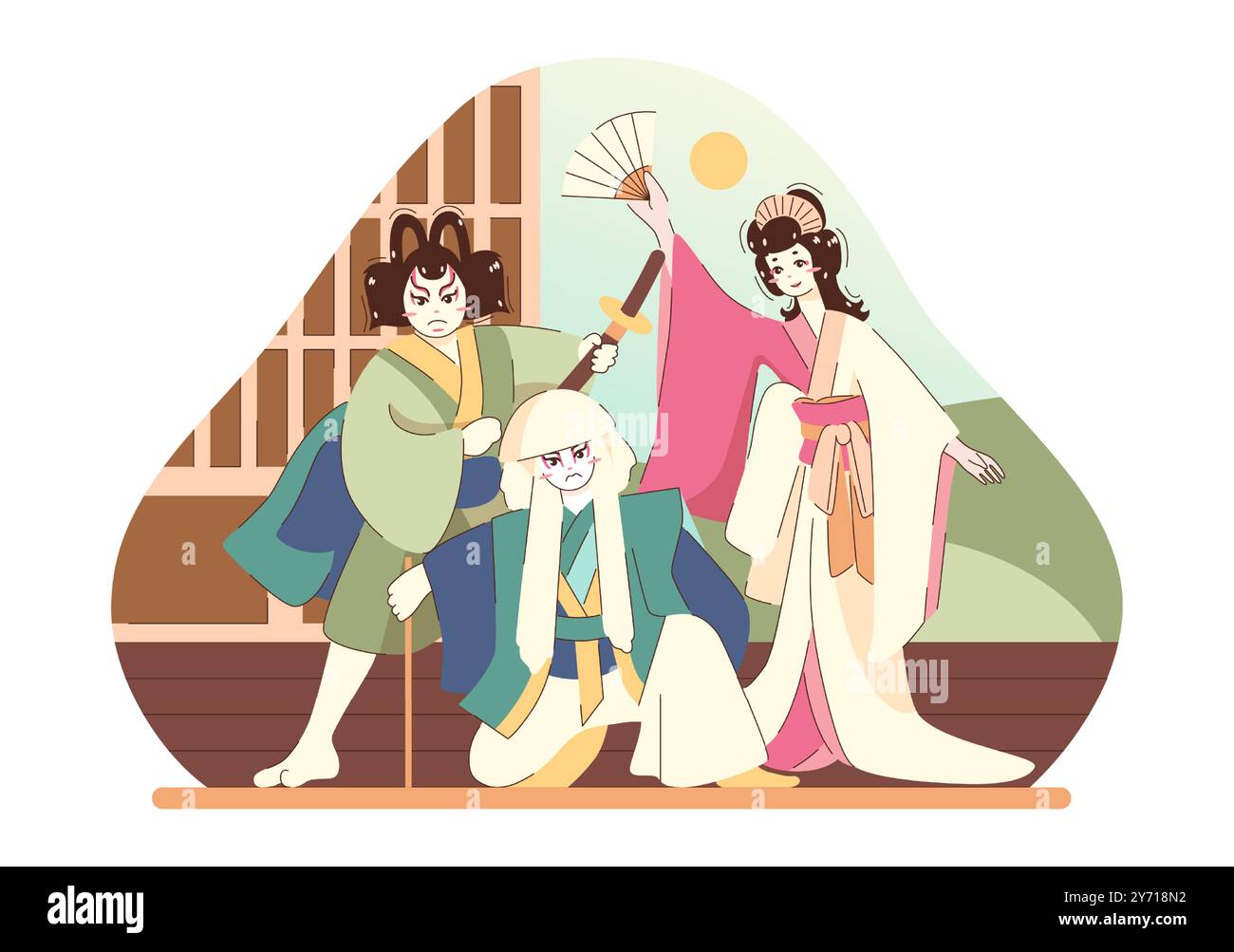 Le kabuki, forme classique du théâtre japonais. Acteurs sur une scène portant un kimono et maquillage. Guerriers kabuki traditionnels japonais et geisha. Illustration vectorielle plate Illustration de Vecteur