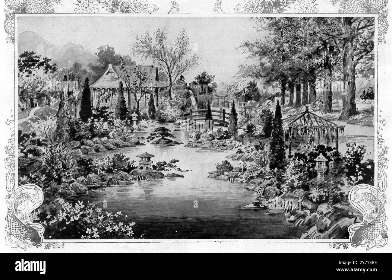 L'exposition japonaise-britannique de 1910 a eu lieu à White City, Londres en Grande-Bretagne du 14 mai 1910 au 29 octobre 1910. Il s'agit de la plus grande exposition internationale à laquelle l'Empire du Japon ait jamais participé et qui est motivée par le désir du Japon de développer une image publique plus favorable en Grande-Bretagne à la suite du renouvellement de l'Alliance anglo-japonaise. On espérait également que l'exposition de produits manufacturés conduirait à une augmentation du commerce japonais avec la Grande-Bretagne. Un jardin paysager nain - oe des garnitures japonaises à voir à l'Exhbition anglo-japonaise 1910 Banque D'Images
