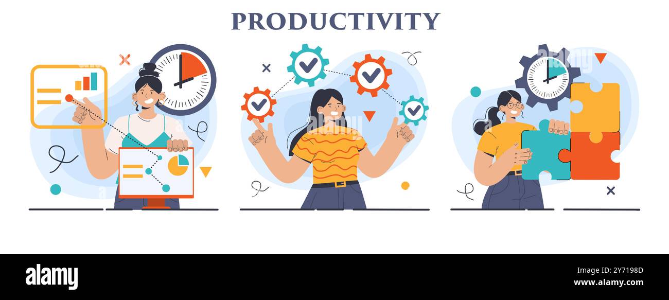 Ensemble de concepts de productivité. Optimisation du temps de travail des personnages. Performances professionnelles, multitâche et efficacité des employés. Progression et développement de carrière. Illustration vectorielle plate Illustration de Vecteur
