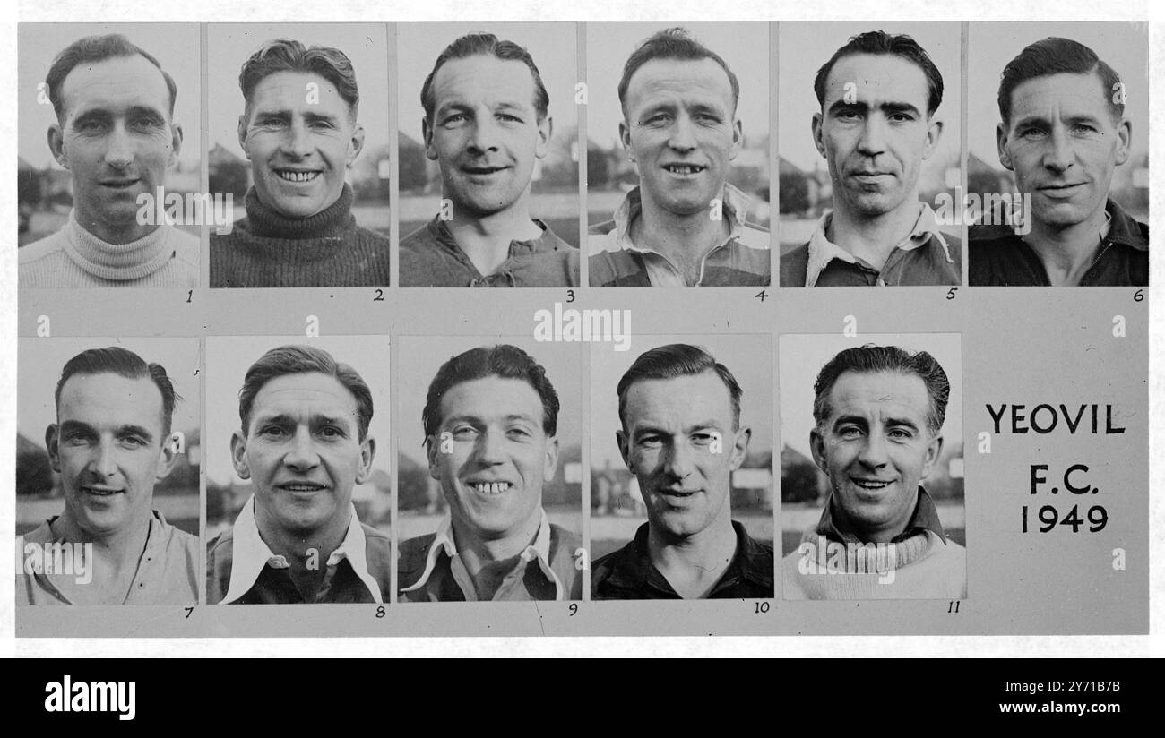 LES HOMMES QUI ONT FAIT L'HISTOIRE DE L'ÉQUIPE DE FOOTBALL YEOVIL quand '' Giant - Killer's '' YEOVIL , prenez le terrain pour le cinquième tour du F. A . Coupe contre l'une ou l'autre coupe - détenteurs , Manchester United ou Bradford , le 12 février , ce sont les joueurs qui sont attendus pour faire une apparition . La victoire de Yeovil sur le club de première Division , Sunderland , samedi dernier , a fait l'histoire du football . 1 . STANLEY HALL . objectif . 2 . A . HICKMAN , droite - arrière . 3 . RALPH DAVIS , gauche - arrière 4 . NICK COLLINS. gauche - moitié . 5 . LES BLIZZARD . centre - moitié . 6 . A . KEETON . droite - moitié . 7 . R . HAMILTO Banque D'Images