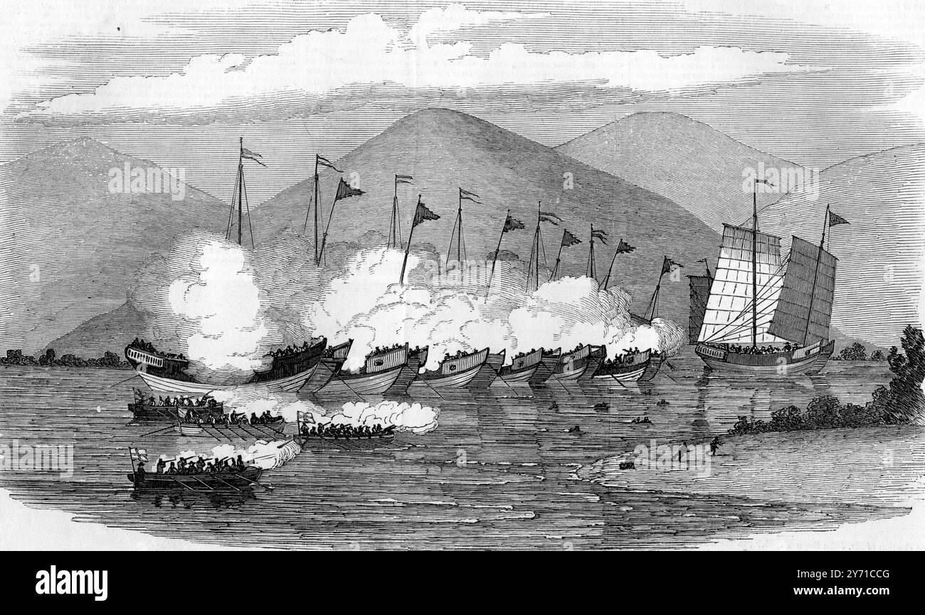 Attaque par des bateaux du HMS Medea contre des jonques pirates armées dans le port de Tienpak, sur la côte sud-ouest de la Chine, le 8 décembre 1849 Banque D'Images