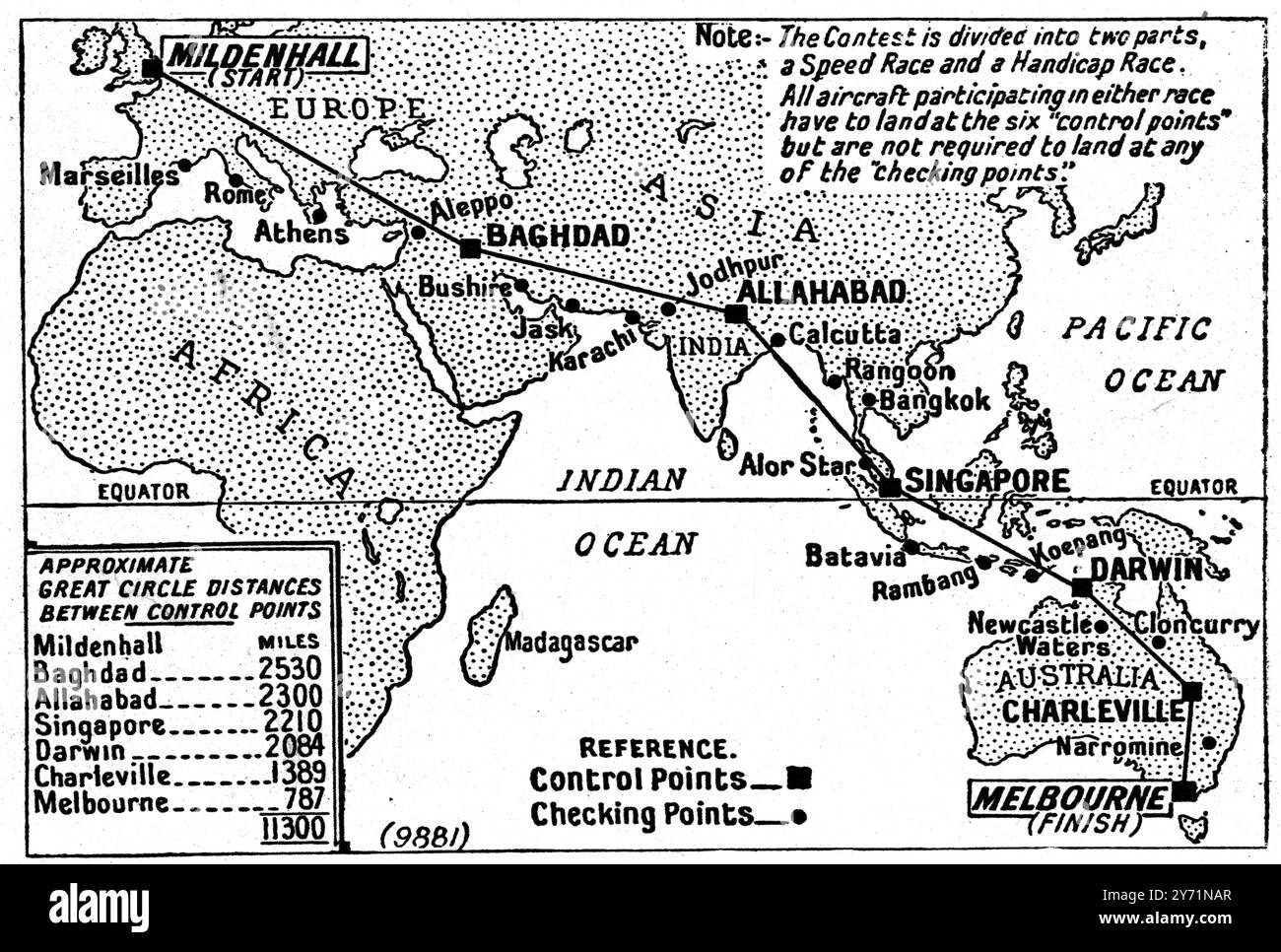 L'itinéraire emprunté par les concurrents en course de vitesse et en handicap : Une carte montrant les commandes , où tous devaient atterrir , et les points de contrôle , où l'atterrissage n'était pas nécessaire . 27 octobre 1934 Banque D'Images