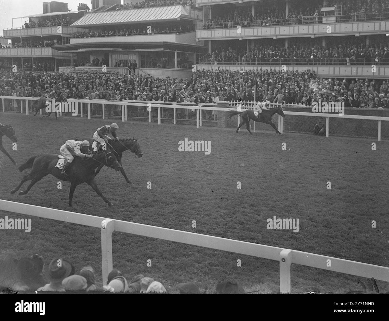 Royal Ascot White Cockade remporte les Wokingham Stakes. La quatrième journée de course du Royal Ascot 1948, a vu le «White Cockade» de Mr. R.L.Glasspool, (Sirett Up) remporter les Wokingham Stakes à Ascot aujourd'hui (vendredi). Arrivant en deuxième et troisième place respectivement dans une photo finish, était le «score final» de m. E.B.Baring, (C.. Elliot Up, No.15) et 'Clarion III' de M. R.B.Strassburger (Smirke Up, No.1). L'image montre: "Trois en harmonie" - "White Cockade", (No.24), sur rails gagne, avec Clarion III, (No.1) à côté de lui, et "final score", (15) sur le Far Side aujourd'hui, (vendredi). 18 juin 1948 Banque D'Images