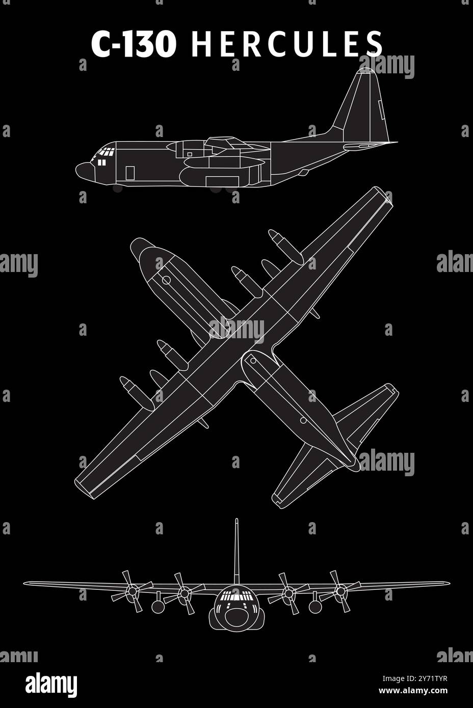 Plan détaillé de l'avion de transport militaire Lockheed C-130 Hercules. Le plan est présenté en trois vues : côté, dessus et face. Illustration de Vecteur