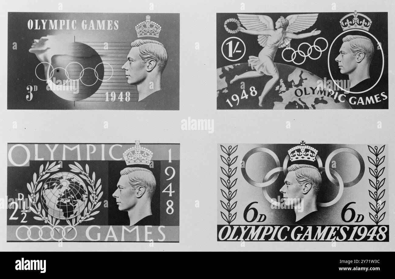 Timbres postaux des Jeux Olympiques de 1948. Une émission spéciale de timbres-poste a été réalisée pour commémorer les Jeux Olympiques de 1948, ce pays étant l'hôte à l'occasion des Jeux cette année à Londres. L'émission se compose de quatre dénominations 2 ½ d, 3d, 6d (pence) et 1/- (shilling). Ils seront en vente au public dans tous les bureaux de poste le jeudi 29 juillet, jour d'ouverture officiel des Jeux. Ils sont tous le double de la taille normale, c'est-à-dire la même taille que le timbre de mariage 2 ½ Royal Silver. Image montre : le timbre à 2 ½ montre le globe, symbolisant l'universalité des Jeux, surro Banque D'Images