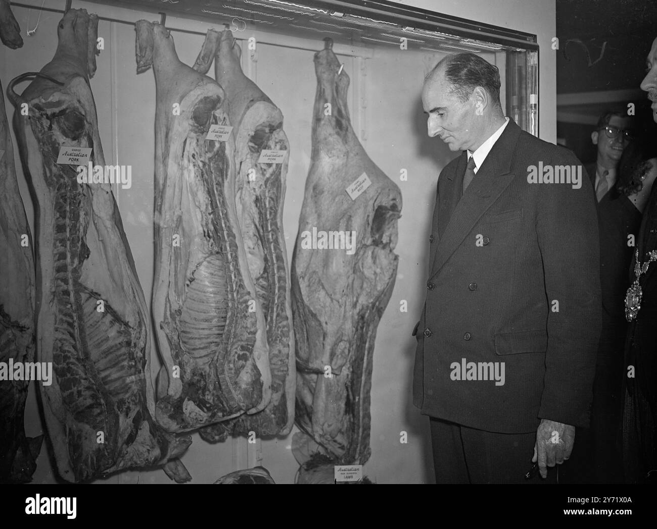 « Australia and You » - exposition de Londres. Les visiteurs de l'exposition « Australia and You », qui a été officiellement inaugurée par M. John Strachey, ministre de l'alimentation, au Tea Centre, Lower Regents Street, à Londres, verront certains aliments et matières premières exportés par l'Australie vers la Grande-Bretagne. L'exposition montre l'association de l'Australie avec la vie des habitants de ce pays avec un accent particulier sur la question de l'alimentation. Photos : ' délice pour la femme au foyer ' - M. Strachey regardant une exposition de viande australienne envoyée en Grande-Bretagne, lors de sa visite de l'exposition aujourd'hui. 8 septembre 1948 Banque D'Images