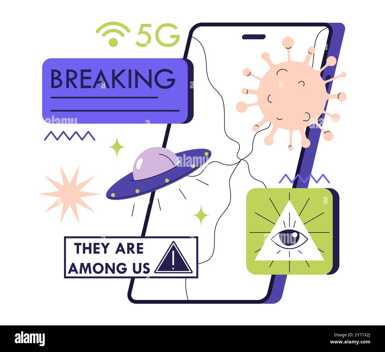 Aspect négatif et mauvais impact des médias sociaux. Effets psychologiques des réseaux sociaux sur les personnes. Théories du complot et désinformation. Flux de fausses idées. Illustration vectorielle plate Illustration de Vecteur