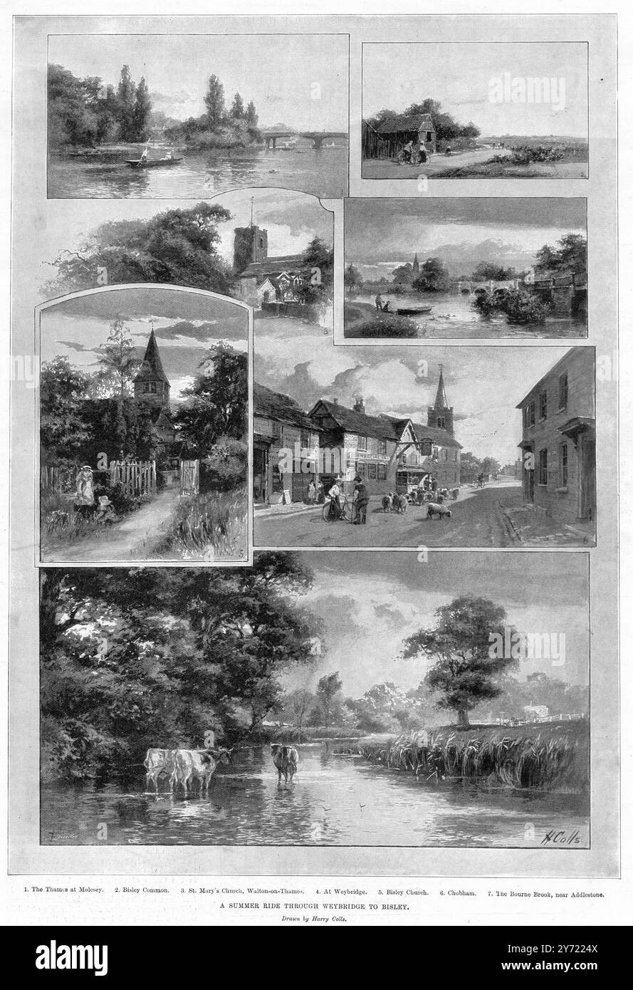 Un trajet d'été à travers Weybridge à Bisley - dessiné par Harry Colls. 1. La Tamise à Molesey 2. Bisley Common 3. Église St Mary, Walton on Thames 4. À Weybridge 5. Église Bisley 6. Chobham 7. Le ruisseau Bourne, près d'Addlestone juillet 1899 Banque D'Images