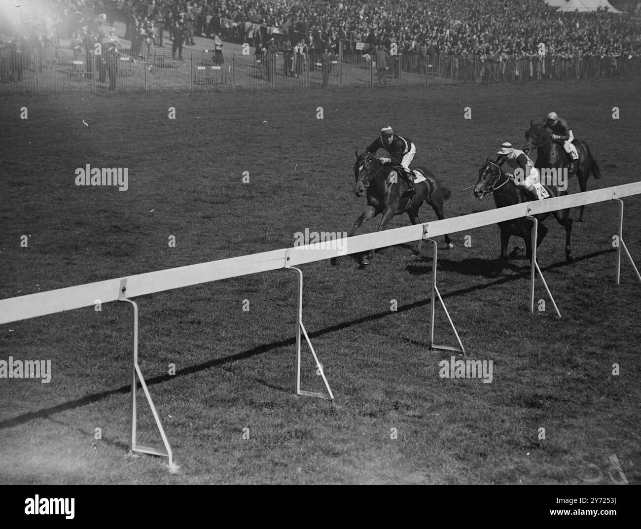 Mr G. « Ready » (Britt Up) de C Gibson a remporté les mises d'avril lors de la réunion d'ouverture de printemps d'Epsom aujourd'hui, mardi. Le cheval gagnant est entraîné par March M. C. Rendall 'Reynards Hill' a terminé deuxième. L'image montre : 'Ready' (Britt Up) No.1 sur la position extérieure gagne les mises d'avril à Epsom aujourd'hui. 'Reynards Hill' (Greening Up), No24 est à l'intérieur, tandis que la troisième place est Sqdrn LDR. Austin's 'High Beauty', (Greenhill Up), No.18. 20 avril 1948. Banque D'Images