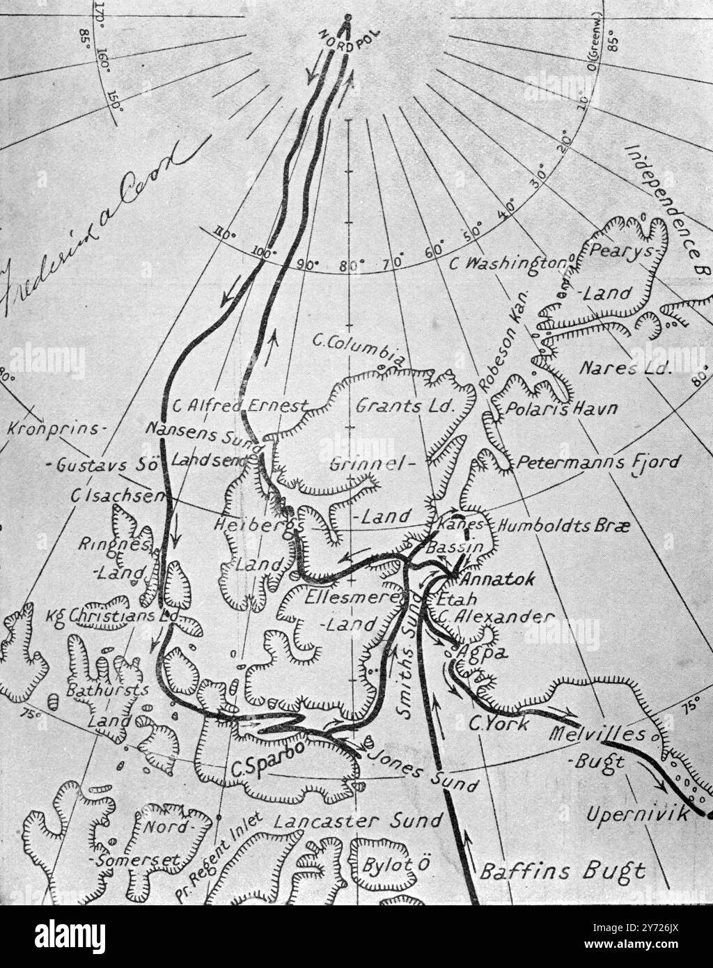 Itinéraire authentique du Dr Cook vers le pôle Nord : Une carte signée par lui-même , montrant à la fois le voyage aller et le voyage retour 11 septembre 1909 Banque D'Images Itinéraire authentique du Dr Cook vers le pôle Nord : Une carte signée par lui-même , montrant à la fois le voyage aller et le voyage retour 11 septembre 1909 Banque D'Images