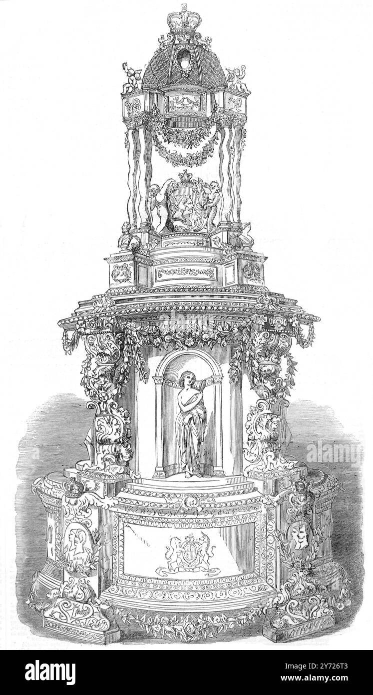 Le gâteau de mariage en couches pour le mariage de la princesse Victoria et du prince Frédéric-Guillaume de Prusse. Le gâteau a été conçu par M. Jules le Blond, et créé par lui avec l'aide de M. constant Pagnier Cake comprend des cupidons tenant un médaillon. Londres, Angleterre - 25 janvier 1858 Banque D'Images