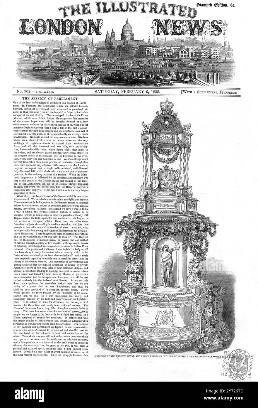 Couverture de l'Illustrated London News montrant le gâteau de mariage en couches pour le mariage de la princesse Victoria et du prince Frédéric-Guillaume de Prusse. Le gâteau a été conçu par M. Jules le Blond, et créé par lui avec l'aide de M. constant Pagnier Cake comprend des cupidons tenant un médaillon. Londres, Angleterre - 25 janvier 1858 Banque D'Images