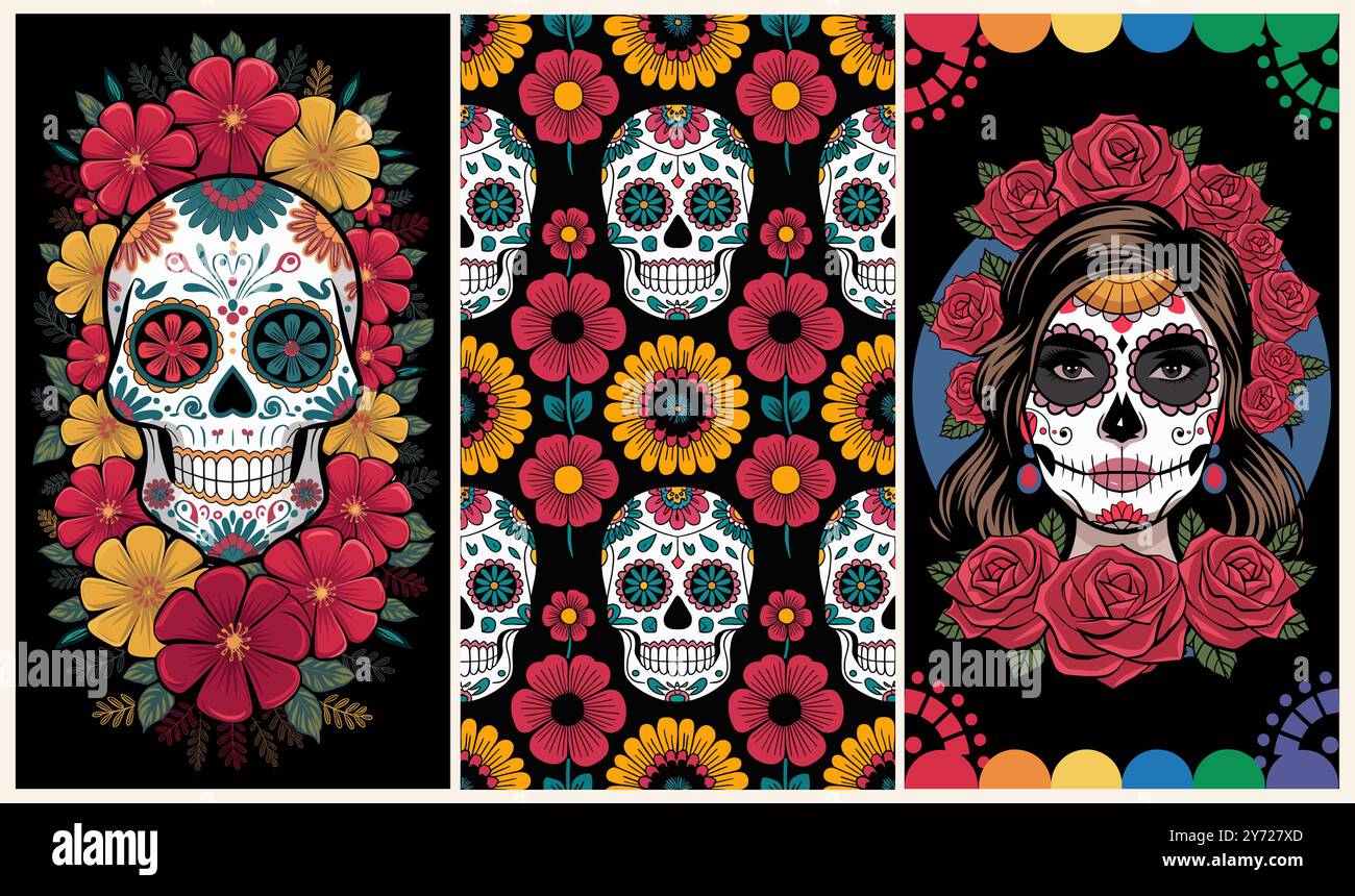 Affiches rétro pour Dia de los Muertos, Halloween Illustration de Vecteur