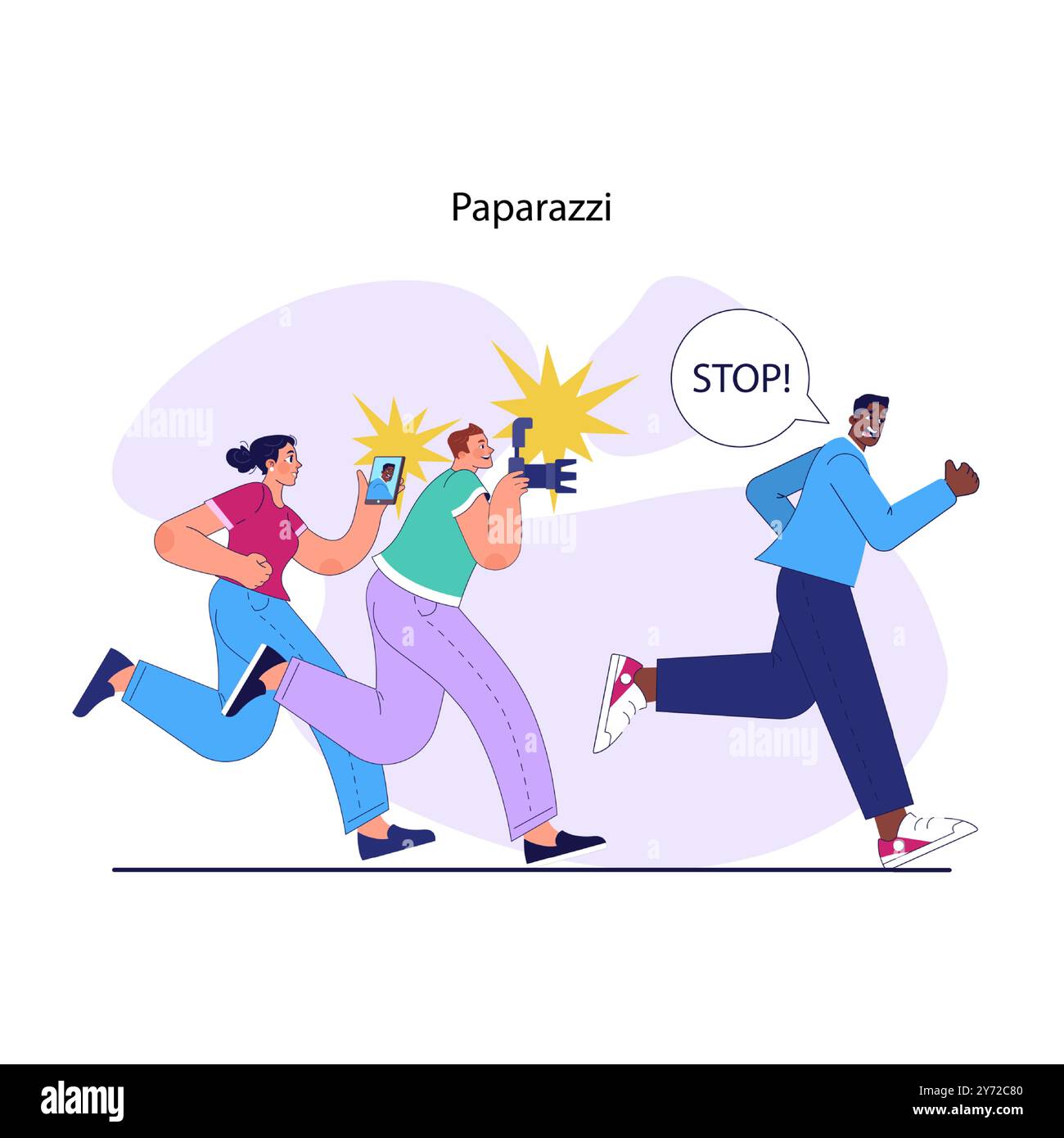 Routine célébrité. Star du cinéma ou de la musique, personne célèbre court de paparazzi. Photographes poursuivant un artiste masculin bien connu prenant des photos. Illustration vectorielle plate Illustration de Vecteur