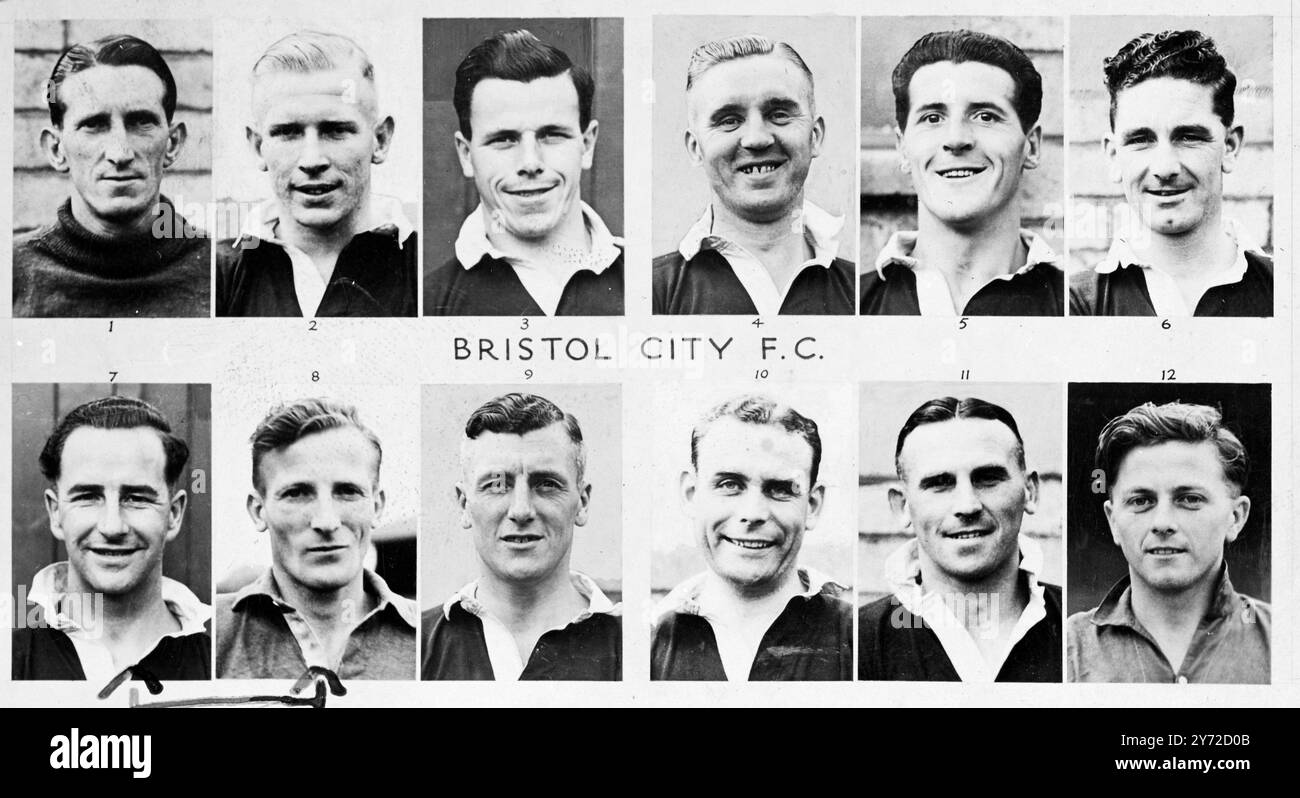 Bristol City Football Club. 1947-1948 les joueurs représentés font partie de ceux qui sont susceptibles de faire une apparition régulière pour Bristol City au cours de la saison en cours. 1 F Clack, gardien de but 2 I Guy, arrière droit 3 J Bailey, arrière gauche 4 C Morgan, moitié droite 5 d Roberts, moitié centrale 6 S Kearney, moitié gauche 7 S Williams, extérieur gauche 8 C Williams, intérieur gauche 9 d Clarke, centre avant 10, l Townsend, intérieur droit 11 I Hopkins, extérieur droit 12 A Whit, intérieur avant. 25 septembre 1947 Banque D'Images