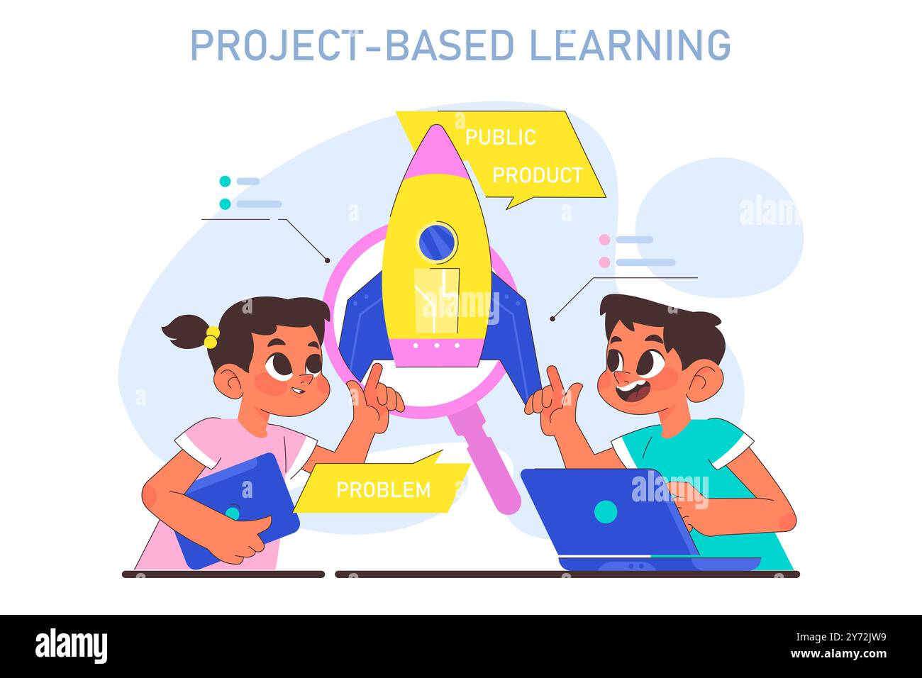 Apprentissage basé sur des projets. L'éducation moderne méthodique. Des connaissances multidisciplinaires gagnent avec l'activité de groupe. Garçon et fille travaillant sur le projet scolaire ensemble. Illustration vectorielle plate Illustration de Vecteur