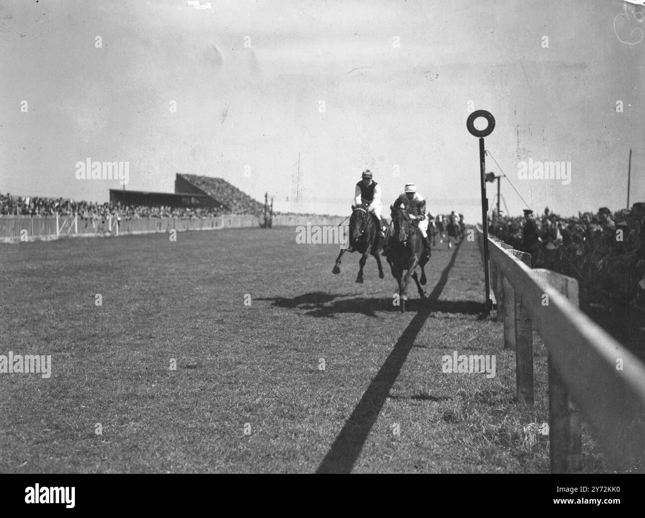 L'arrivée du handicap en pleine croissance (2,30) à Bath aujourd'hui. Clemenceau, monté par E Jones, gagne contre Boissier(G. Richards), avec Retsel(C.. Richards) terminant troisième. 16 avril 1947 Banque D'Images