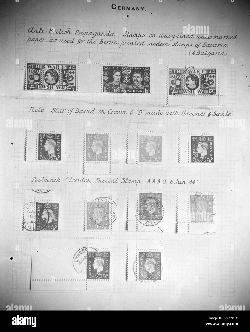 Falsifications allemandes de timbres britanniques. Vingt-neuf travestis et falsifications de timbres britanniques ont réalisé 12 £ aujourd'hui, mardi, chez MM. Harmer's London Stamp Auctioneers. Ils ont été imprimés quelque temps avant le jour J (1944) et l'ennemi les a diffusés comme propagande à travers des agents en Suisse et dans d'autres pays neutres. Les photos montrent, comme des travestis, qu'elles soulignent le sens de l'humour bizarre des Allemands. Dans la représentation du 'timbre du jubilé d'argent', un portrait de Staline a remplacé celui du roi George V et Staline est également apparu à la place de la reine sur le 'timbre du couronnement'. Dans chaque cas th Banque D'Images