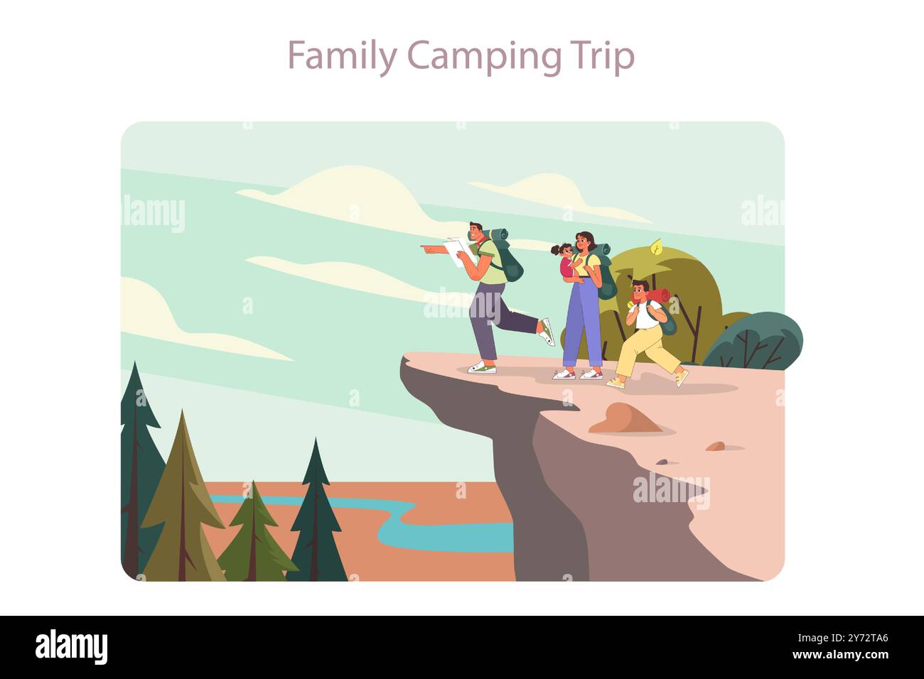 Voyage en famille. Grande famille avec enfants camping ou randonnée sur des vacances d'été. Maman papa et enfants explorant la nature à travers les montagnes. Illustration vectorielle plate Illustration de Vecteur