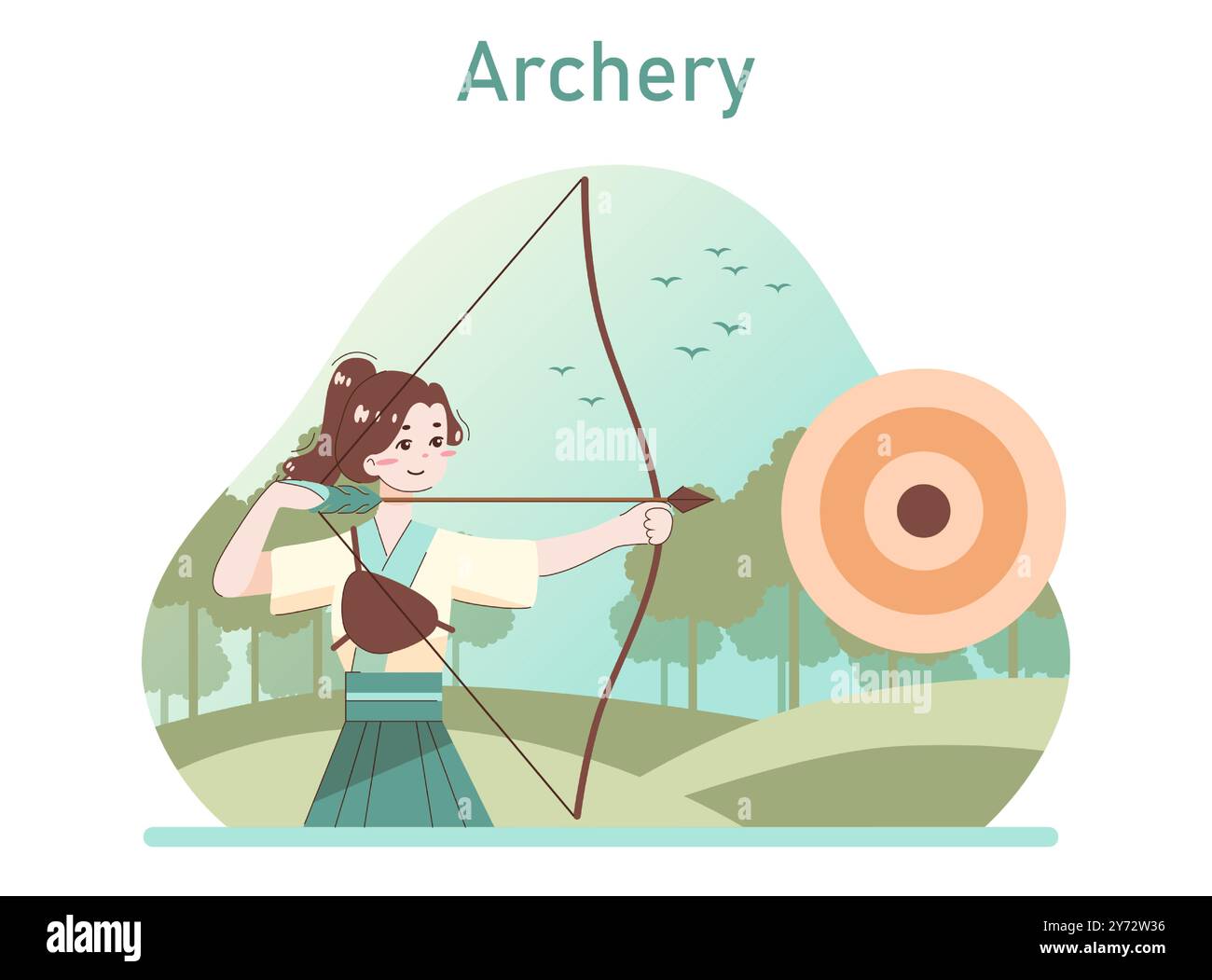 Personnage asiatique faisant du sport. Kyudo ou tir à l'arc japonais. Entraînement aux arts martiaux. Femme en vêtements traditionnels avec un arc-en-long. Illustration vectorielle plate Illustration de Vecteur