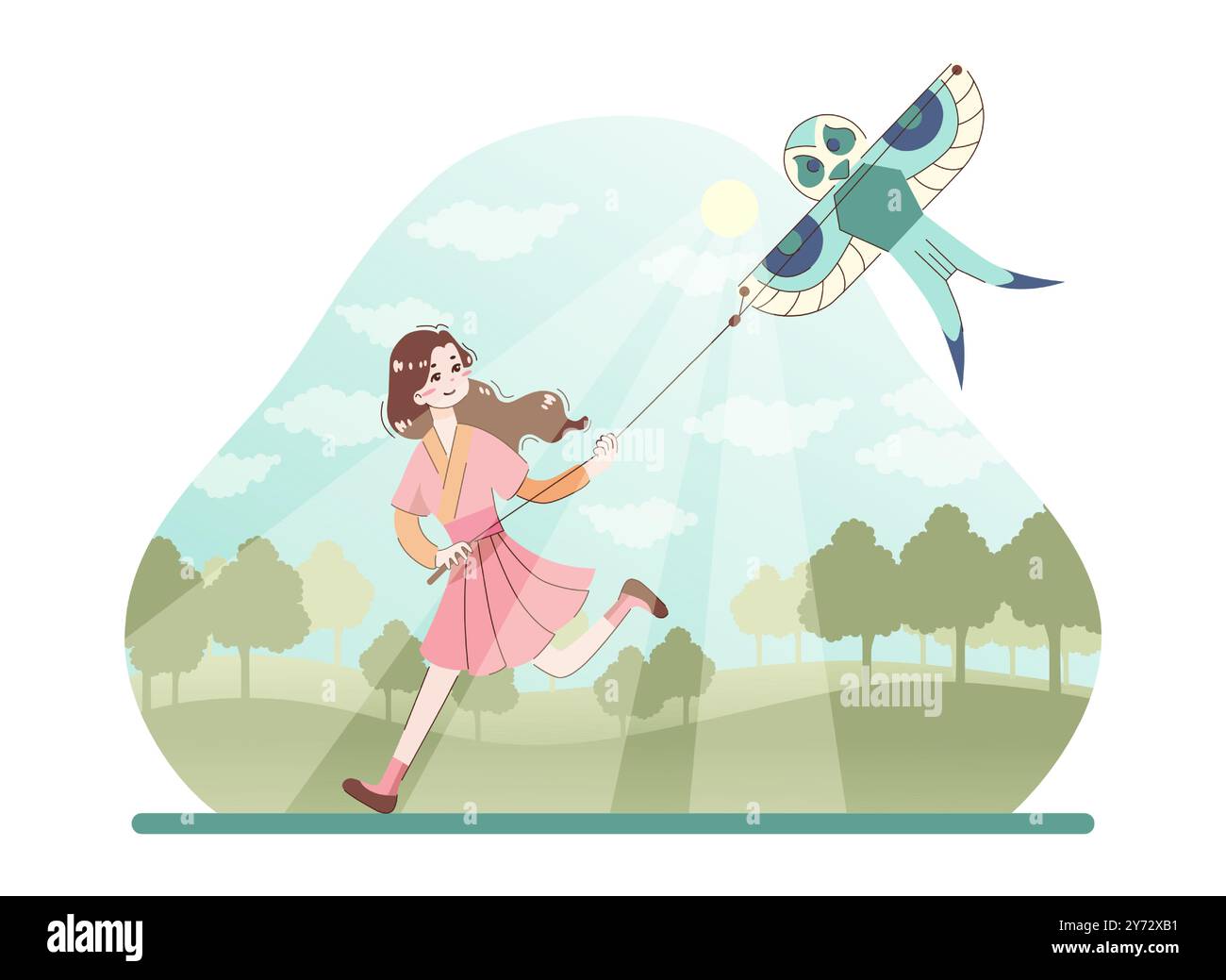 Les Asiatiques apprécient leur temps libre. Personnage japonais exécutant des activités traditionnelles. Festival Qing ming, cerfs-volants à la mouche Gir pendant les vacances. Illustration vectorielle plate Illustration de Vecteur
