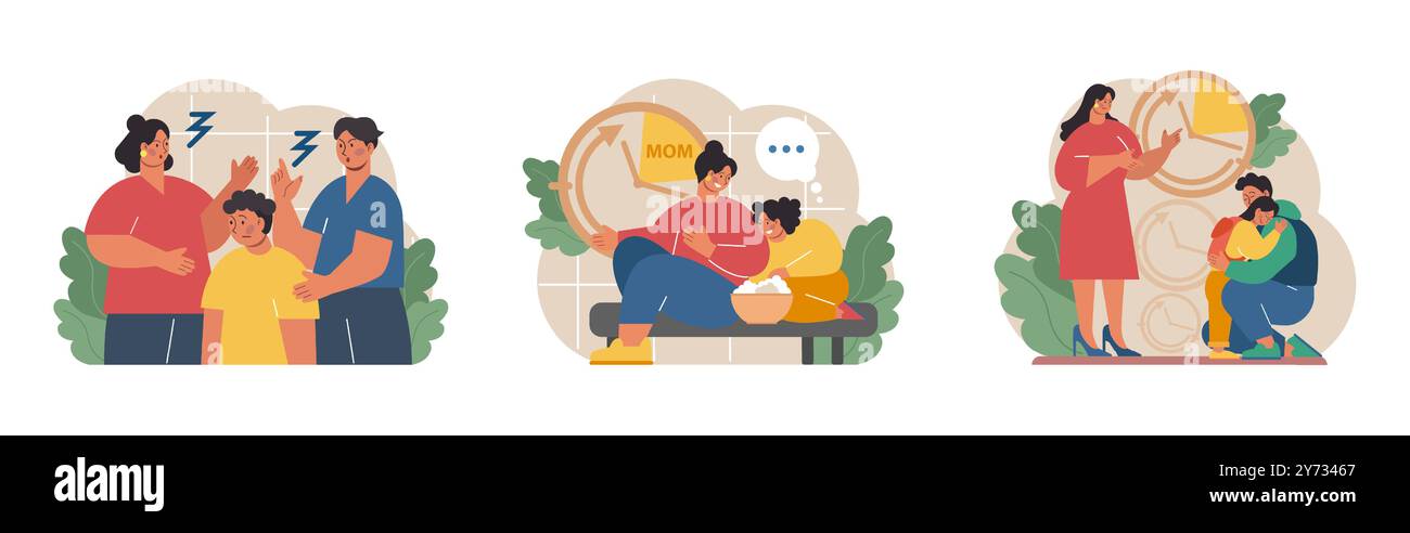 Ensemble parental articulaire. Conjoints divorcés élevant un enfant ensemble. Garde physique conjointe et relations étroites avec les deux parents après une séparation familiale. Illustration vectorielle plate Illustration de Vecteur