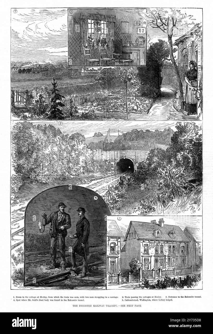 La tragédie du chemin de fer de Brighton. Le meurtre de M. Ferderick Isaac Gold ; jeté du wagon de chemin de fer dans le tunnel de Balcombe soi-disant par Percy Lefroy Mapleton . Croquis d'intérêt concernant le crime. Le tunnel Balcombe où le corps de M. Gold a été trouvé ; la maison où Lefroy a logé à Wallington ; et la position du chalet à Horley , avec le train passant en vue. 1881 Banque D'Images