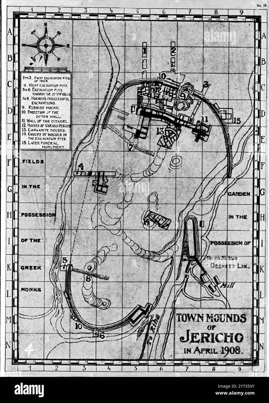 Les murs de Jéricho mis au jour : découvertes de la ville tombée avant la trompette de Josué . Une carte illustrant les fouilles montrant la position de la citadelle et de ses remparts. Fouilles de la Deutsche Orient-Gesellschaft 1909 Banque D'Images