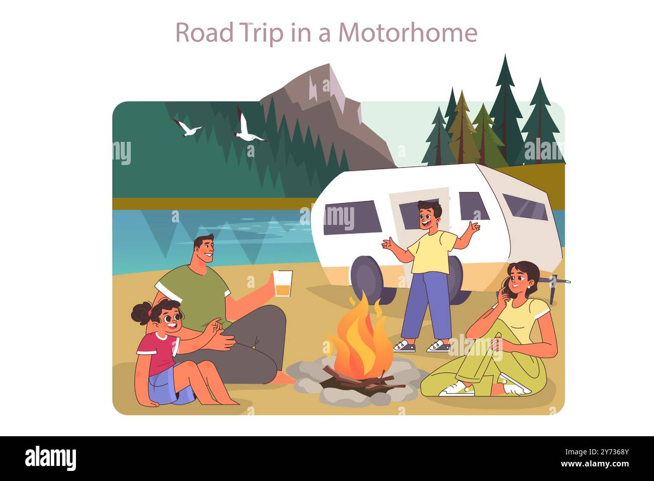 Road trip en famille. Couple avec des enfants partant en vacances en voiture. Maman papa et enfants explorant le camping nature ou la randonnée sur des vacances d'été. Illustration vectorielle plate Illustration de Vecteur