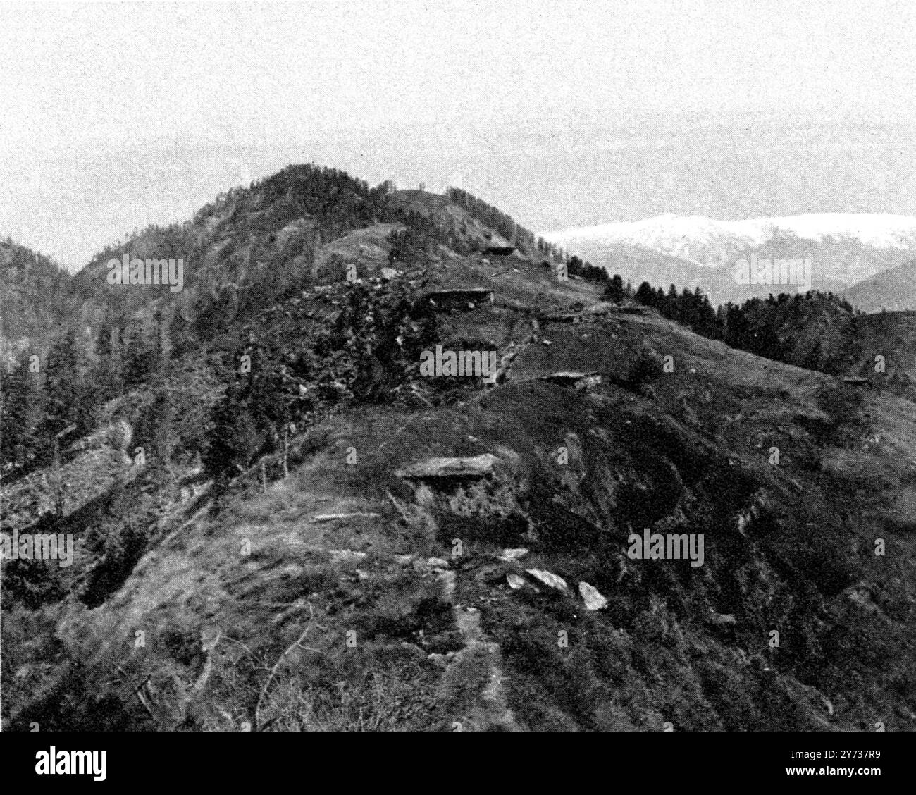 Invasion de l'Inde par Alexandre : Aornos identifié comme étant le 'Rocher d'Aornos' décrit dans 'Anabasis' d'Arrien : la partie nord du plateau de Pir-sar , avec la colline de Pir-sar (7800 pieds) à son extrémité supérieure . Banque D'Images