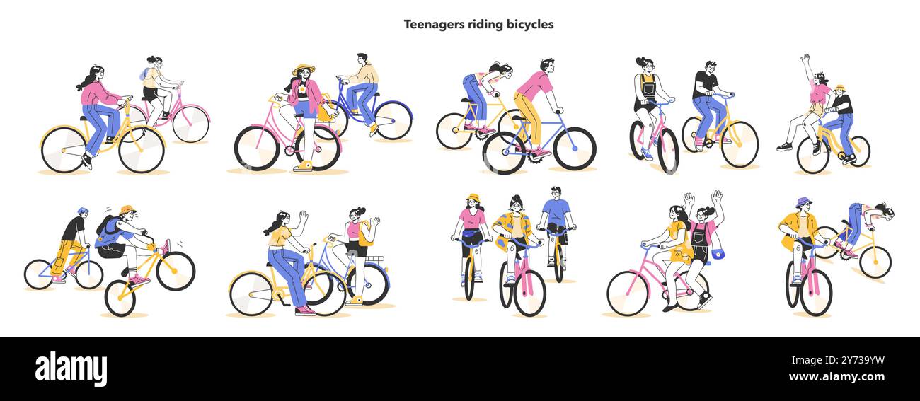 Mode de vie sain et actif. De jeunes personnages adolescents traînent dehors, faisant du vélo ensemble. Activité vacances d'été, voyage à vélo avec des amis. Illustration vectorielle plate Illustration de Vecteur