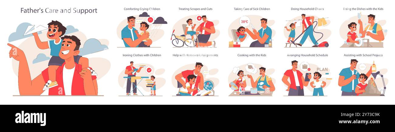 Relations père et fils ensemble. Famille aimante heureuse, parentalité positive et éducation. Soins, confiance et soutien entre parent et enfant. Homme et l Illustration de Vecteur