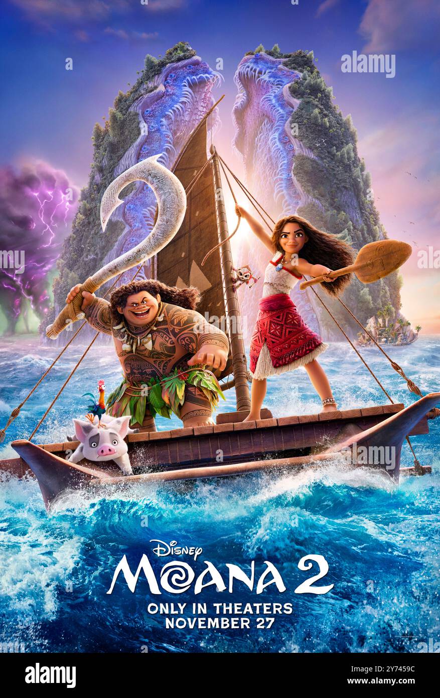Moana 2 (2024) réalisé par David G. Derrick Jr. et mettant en vedette Auli'i Cravalho, Dwayne Johnson et Alan Tudyk. Après avoir reçu un appel inattendu de ses ancêtres orienteurs, Moana voyage dans les mers lointaines de l'Océanie et dans des eaux dangereuses et perdues depuis longtemps pour une aventure unique à tout ce qu'elle a jamais connu. Affiche US Advance ***USAGE ÉDITORIAL SEULEMENT***. Crédit : BFA / Walt Disney Studios Banque D'Images